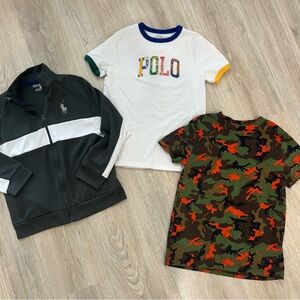 Polo Ralph Lauren camo tee shirt, logo tee and gray zip up jacket boys 7